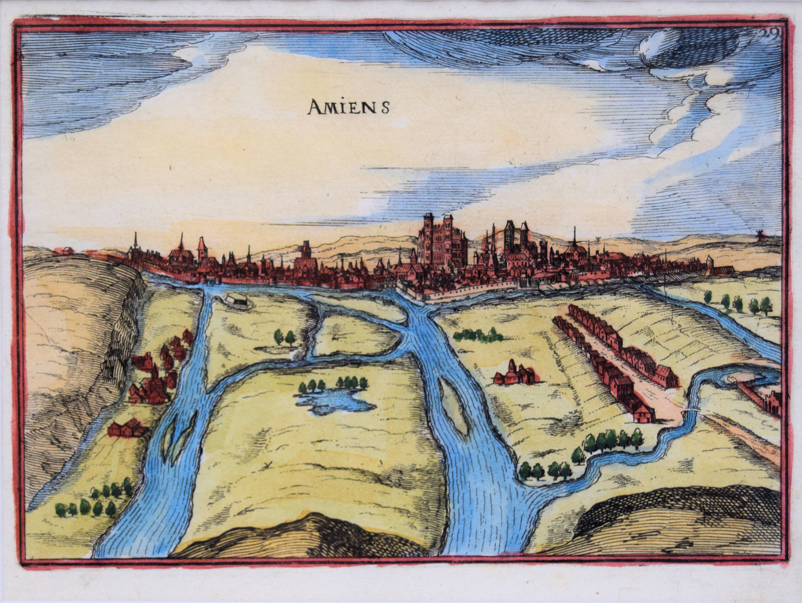 AMIENS TOWN AND RIVERS. FRANCE. Original copper engraving drawn by Christophe Nicolas Tassin. 1634