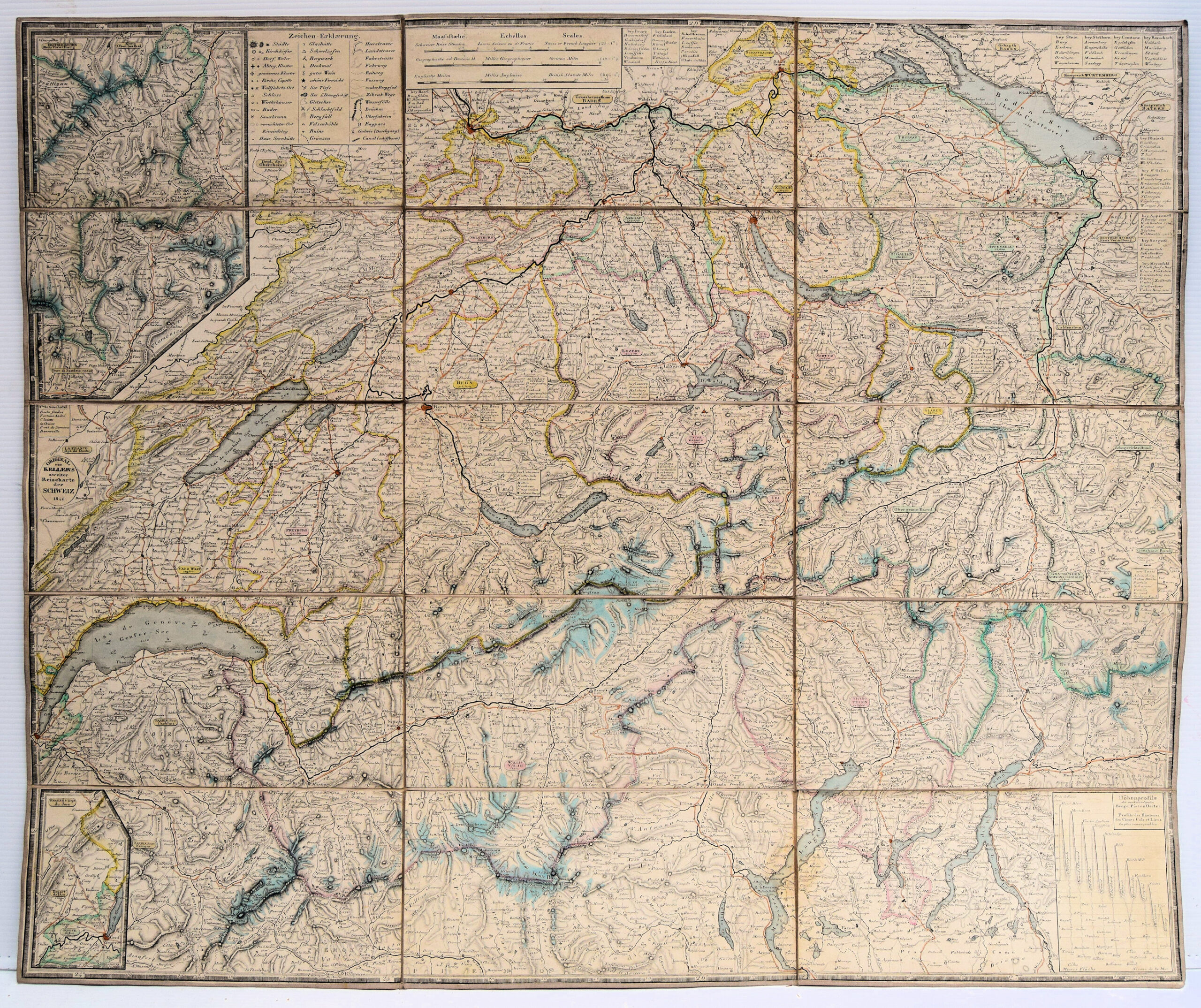 The reverse of the map has city maps Zurich,Luzern,Basel Bale,Bern,Fribourge,Geneve Gene.Also a paste down view and a key/explanation in 3 languages (German, French and English), explaining certain details on the map.