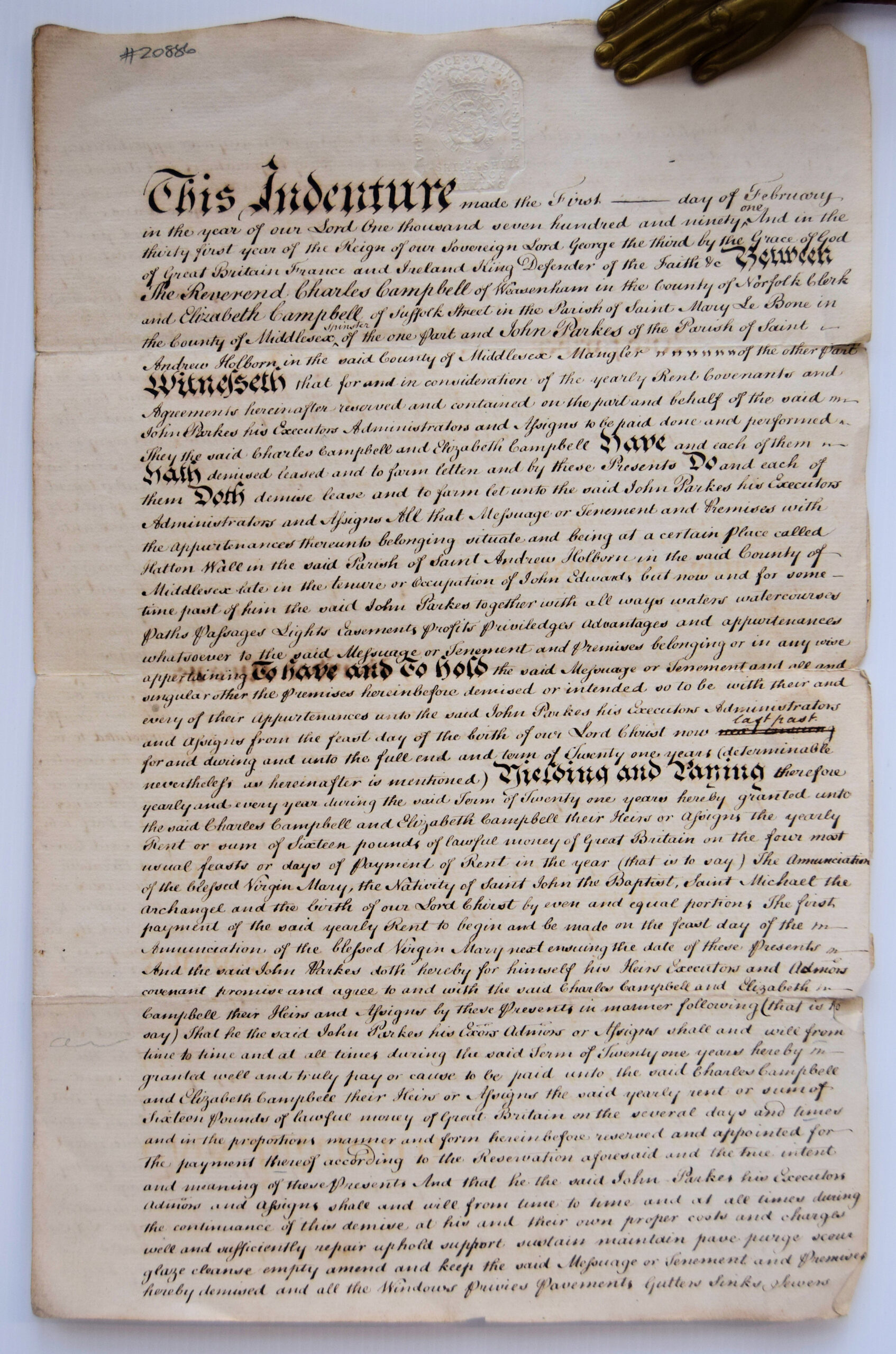 1. MR CAMPBELL THE REVD. CHARLES CAMPBELL AND MISS ELIZABETH CAMPBELL TO JOHN PARKES LEASE OF A HOUSE AT HATTON WALL. CHRISTMAS 1790. 2. PARKES'S LEASE DATED FEBRY 1ST 1791 REVD. CHARLES AND MISS E CAMPBELL TO MR JOHN PARKES COUNTERPART OF LEASE. 3.THE REVD. CHARLES CAMPBELL TO MR MUSSELWHITE COUNTERPART OF LEASE OF A MESSUAGE AND PREMISES IN HATTON WALL IN THE PARISH OF ST ANDREW HOLBORN...DATED 1 MAY 1810. 4. ROBERT CAMPBELL ESQ. TO MR WILLIAM HILL. LEASE OF A HOUSE NO.32 HATTON WALL ST ANDREW HOLBORN...DATED 24TH JUNE 1823. 5. COUNTERPART OF 4. 6. ROBERT CAMPBELL ESQ. TO MR WILLIAM HILL LEASE OF A HOUSE NO.32 HATTON WALL, ST. ANDREW HOLBORN...DATED 24TH JUNE 1845. 7. COUNTERPART OF 6. - Image 3