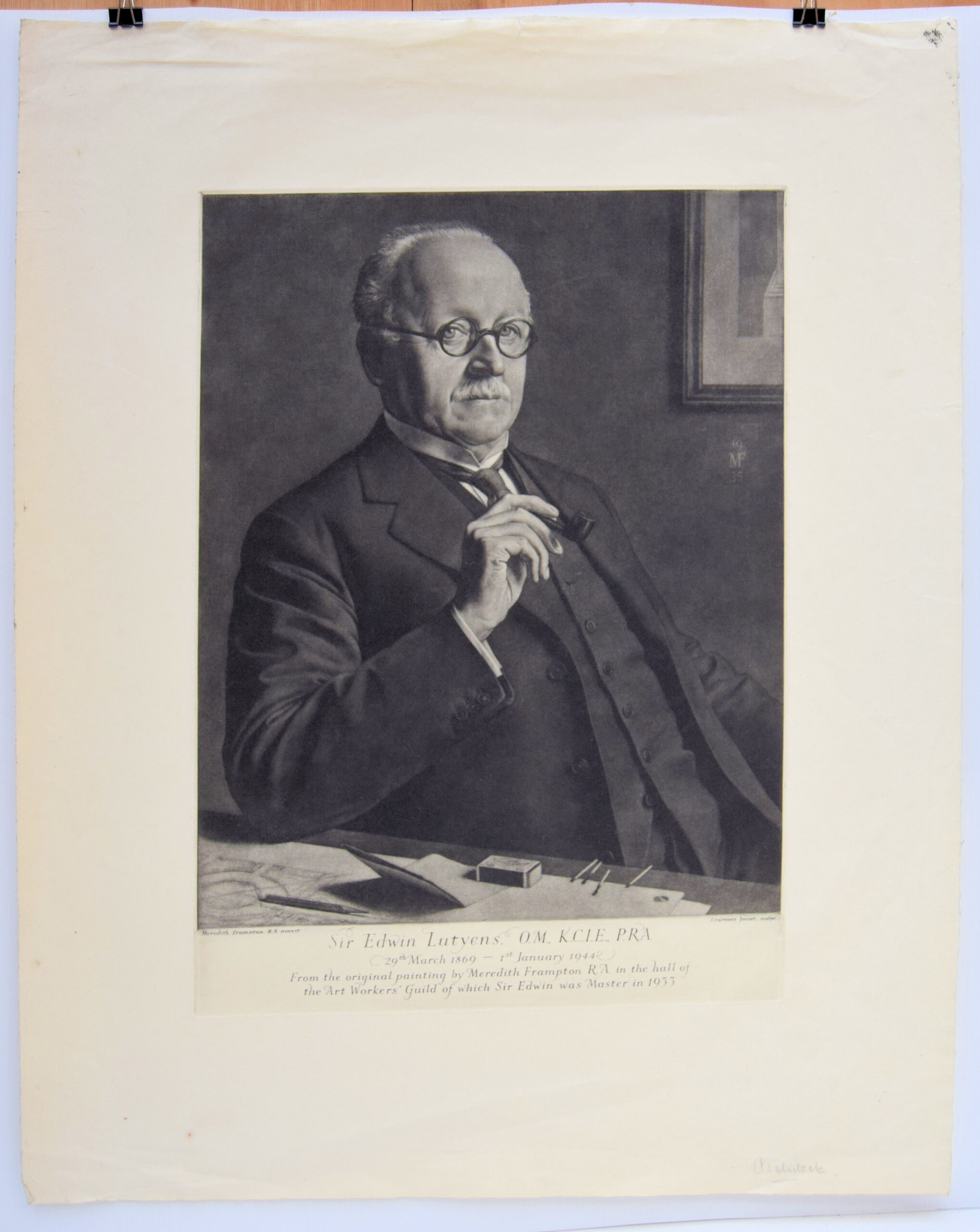 Sir Edwin Lutyens O.M., K.C.I.E., P.R.A. 29th March 1869 - 1 January 1944. From the original painting by Meredith Frampton R.A. in the hall of the Art Workers' Guild of which Sir Edwin was Master in 1933. - Image 2